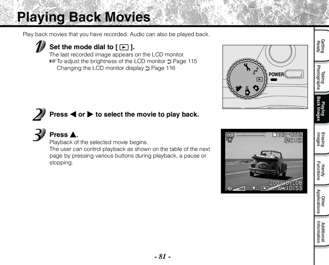 Toshiba PDR-M71 instruction manual Playing Back Movies, Press or to select the movie to play back 