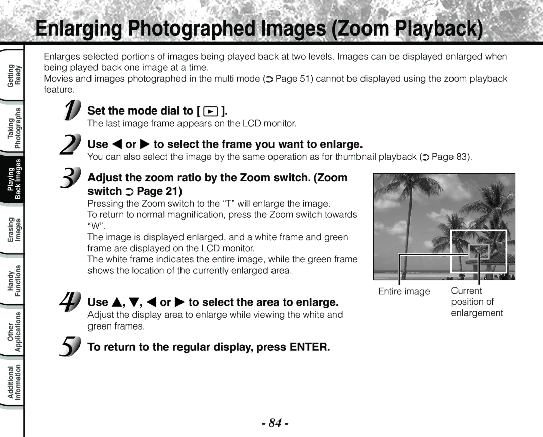 Toshiba PDR-M71 Use or to select the frame you want to enlarge, Adjust the zoom ratio by the Zoom switch. Zoom switch 