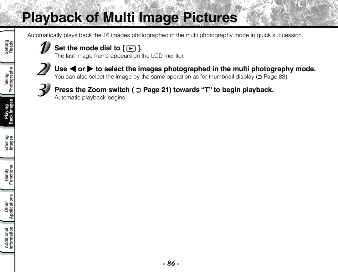 Toshiba PDR-M71 Playback of Multi Image Pictures, Press the Zoom switch Page 21 towards T to begin playback 