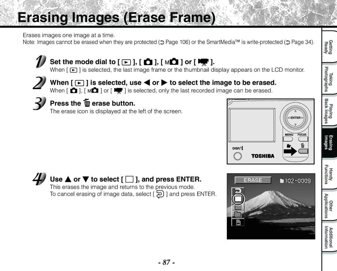 Toshiba PDR-M71 Erasing Images Erase Frame, When Is selected, use To select the image to be erased, Press Erase button 