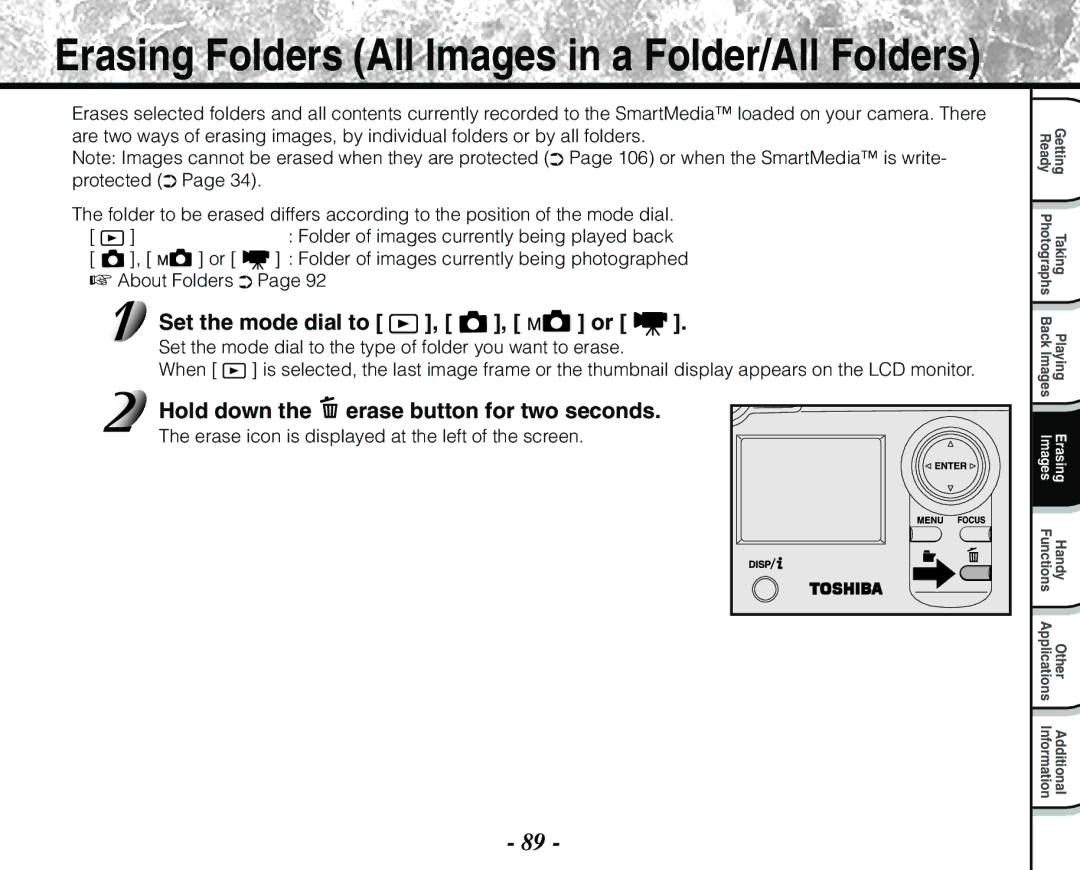 Toshiba PDR-M71 instruction manual Hold down Erase button for two seconds, About Folders 