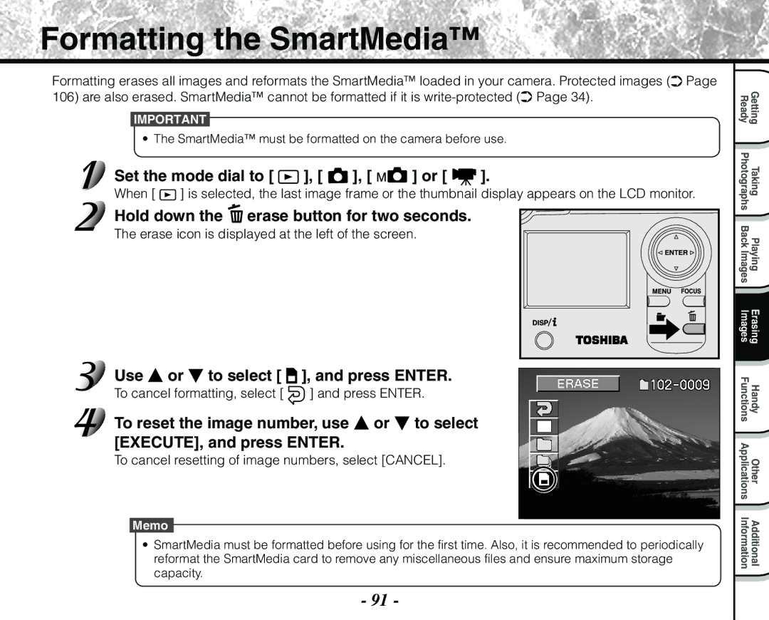 Toshiba PDR-M71 instruction manual Formatting the SmartMedia, Use or to select Press Enter 