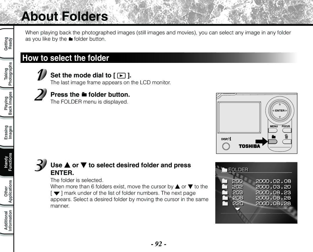 Toshiba PDR-M71 About Folders, How to select the folder, Press the folder button, Folder menu is displayed 