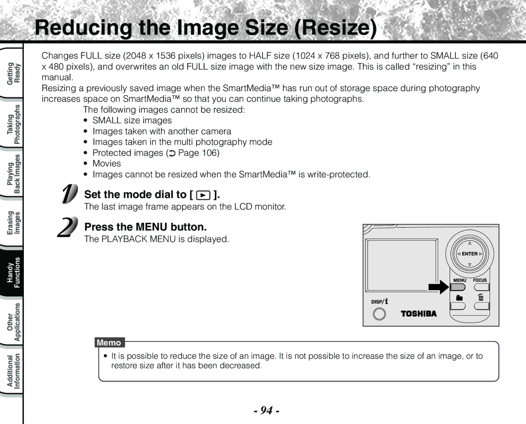 Toshiba PDR-M71 instruction manual Reducing the Image Size Resize, Playback Menu is displayed 