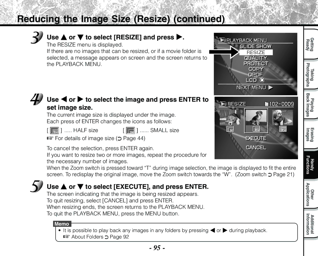 Toshiba PDR-M71 instruction manual Reducing the Image Size Resize, Use or to select Resize and press 