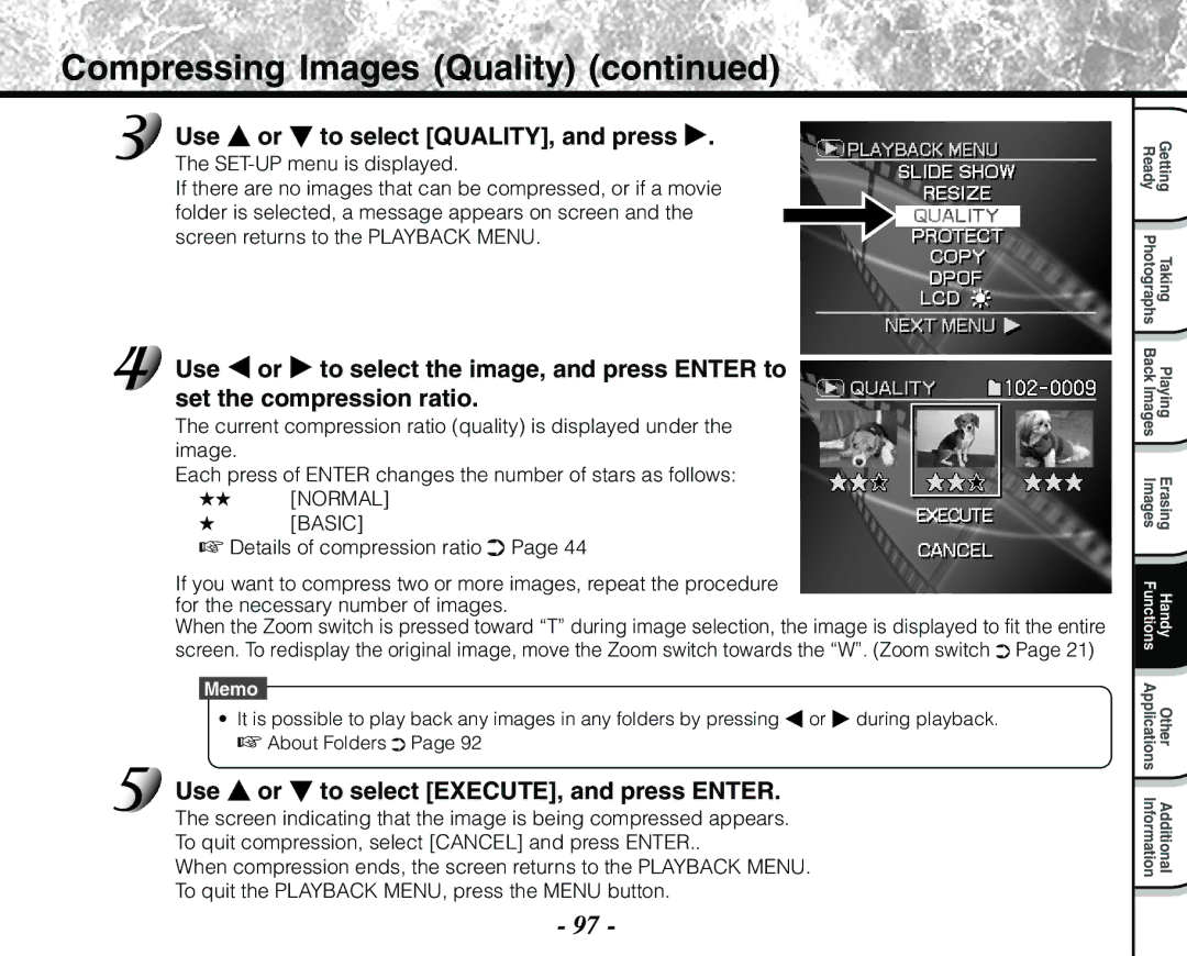 Toshiba PDR-M71 instruction manual Compressing Images Quality, Use or to select QUALITY, and press 