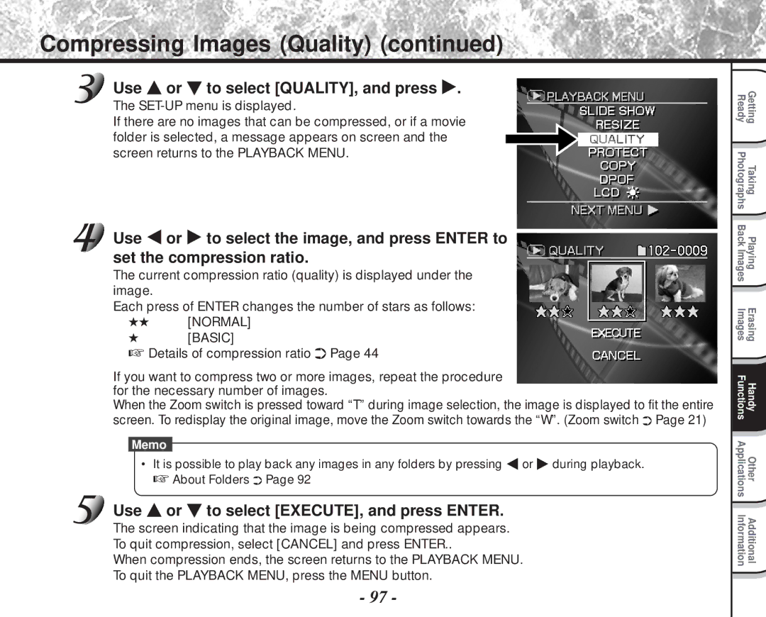 Toshiba PDR-M81 instruction manual Compressing Images Quality, Use or to select QUALITY, and press 