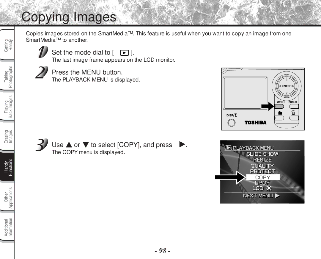 Toshiba PDR-M81 instruction manual Copying Images, Use or to select COPY, and press, Copy menu is displayed 