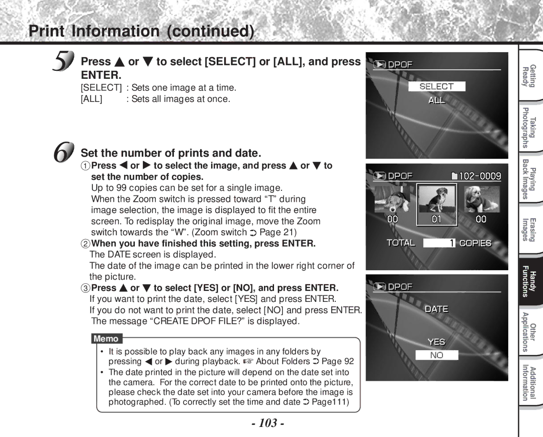 Toshiba PDR-M81 Print Information, 103, Press or to select Select or ALL, and press, Set the number of prints and date 