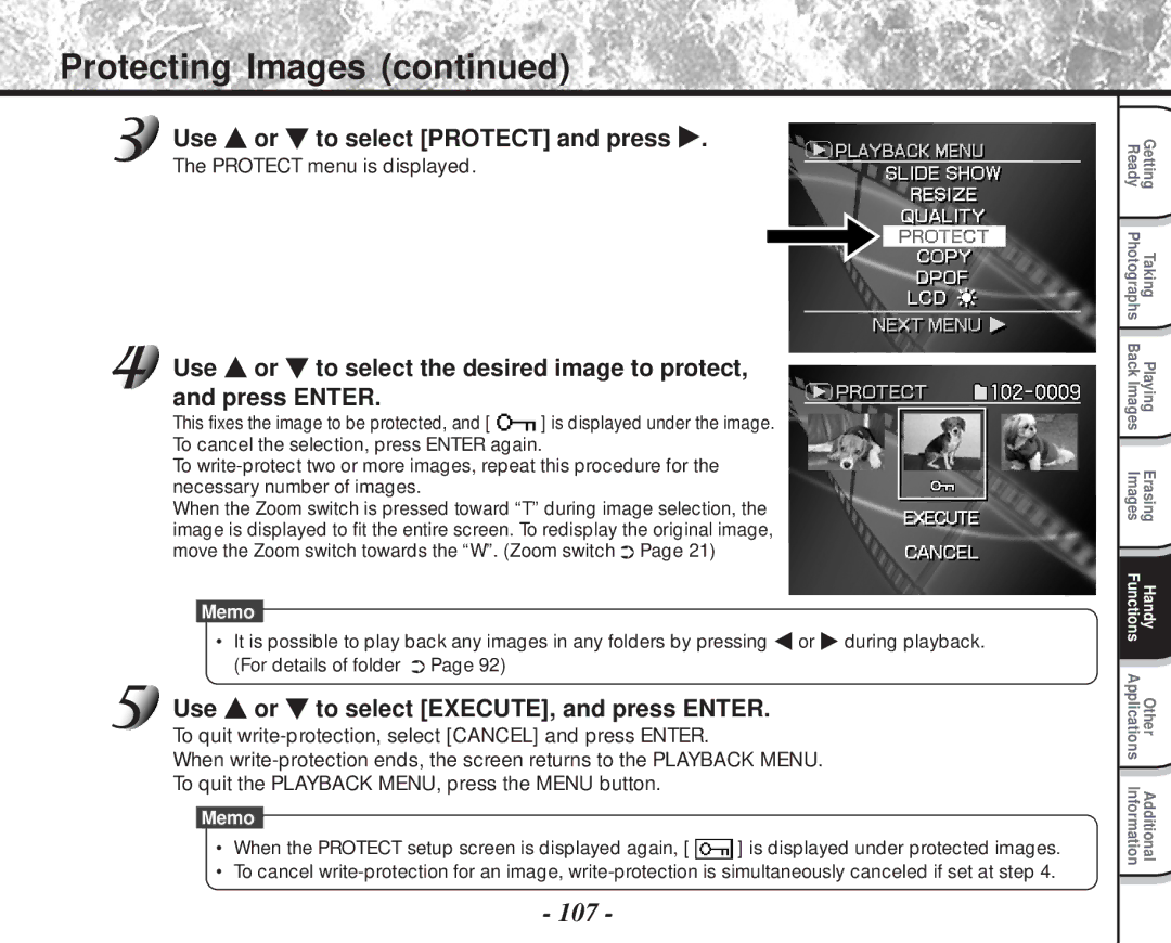 Toshiba PDR-M81 instruction manual Protecting Images, 107, Use or to select Protect and press, Protect menu is displayed 