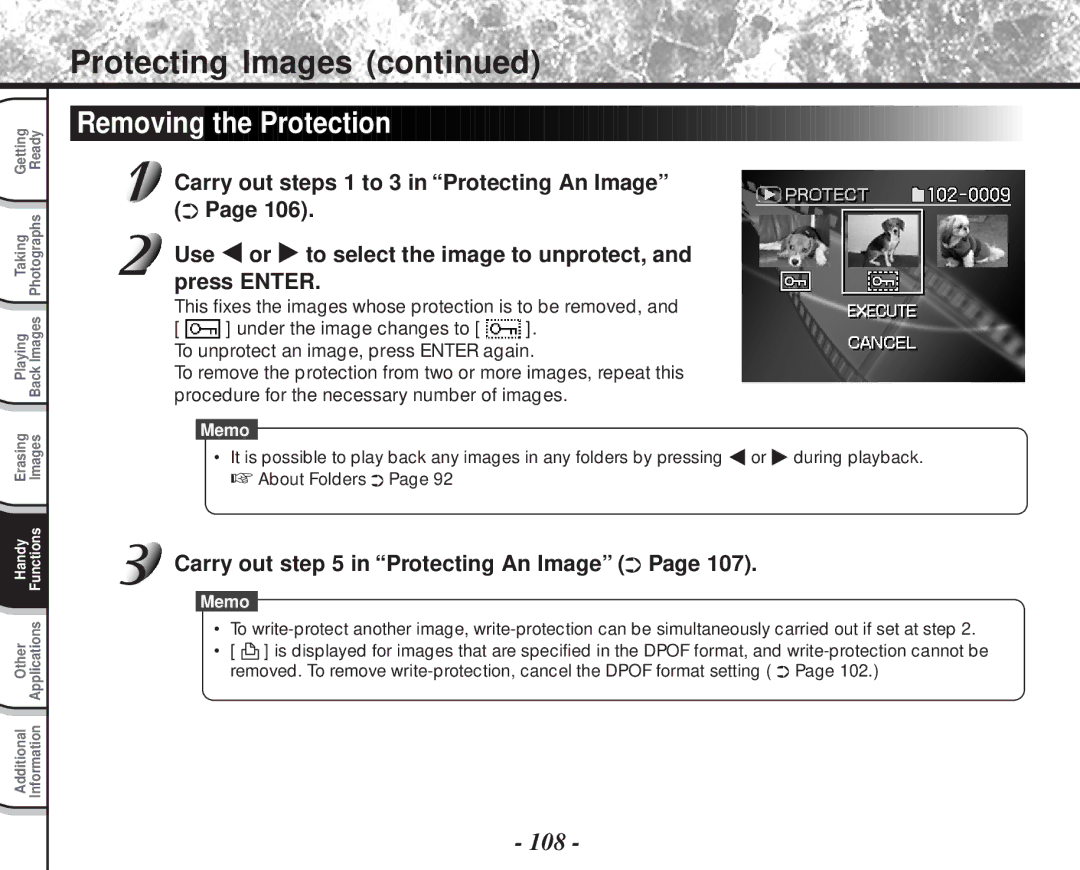 Toshiba PDR-M81 instruction manual Removing the Protection, 108, Carry out in Protecting An Image 