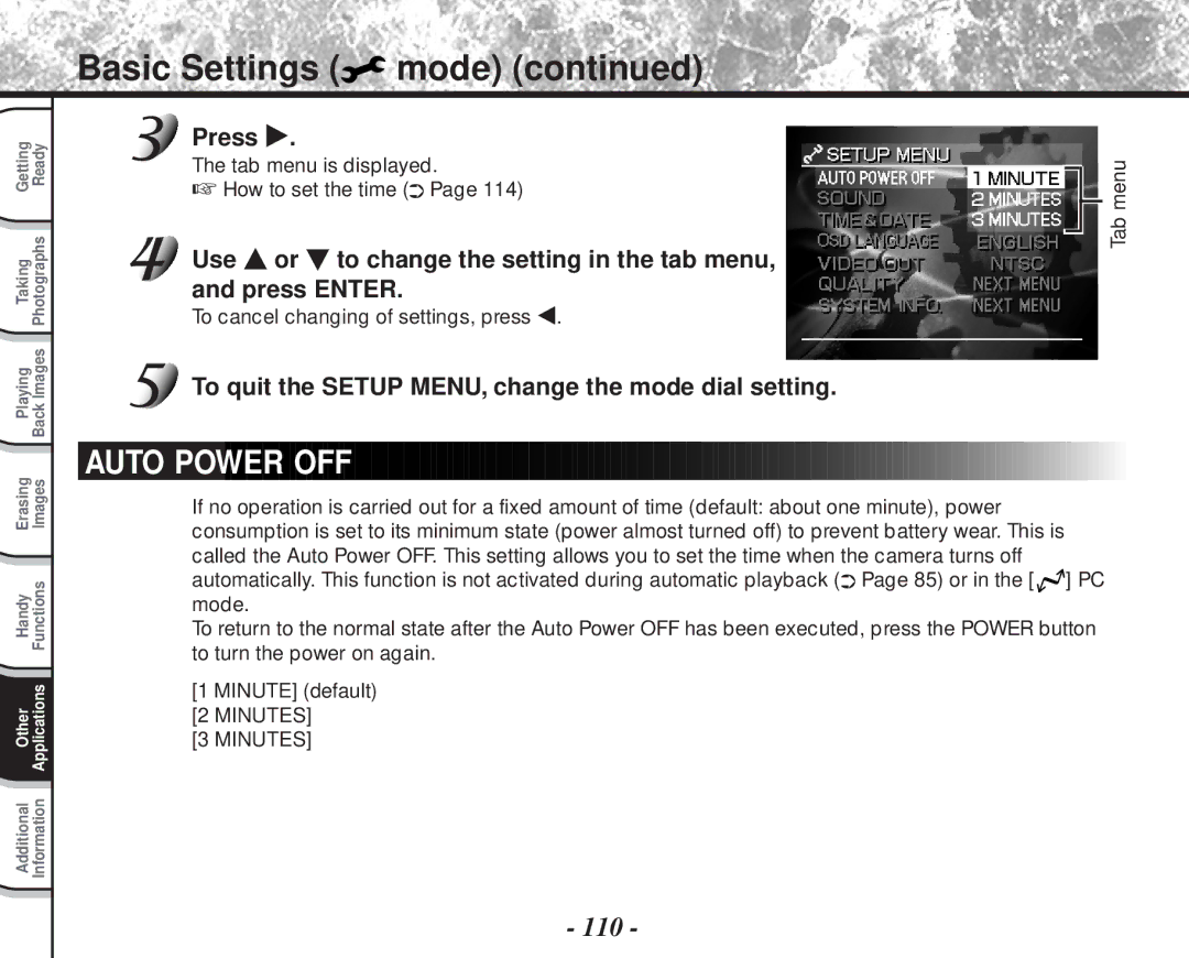 Toshiba PDR-M81 instruction manual Basic Settings mode, 110, Press, To quit the Setup MENU, change the mode dial setting 