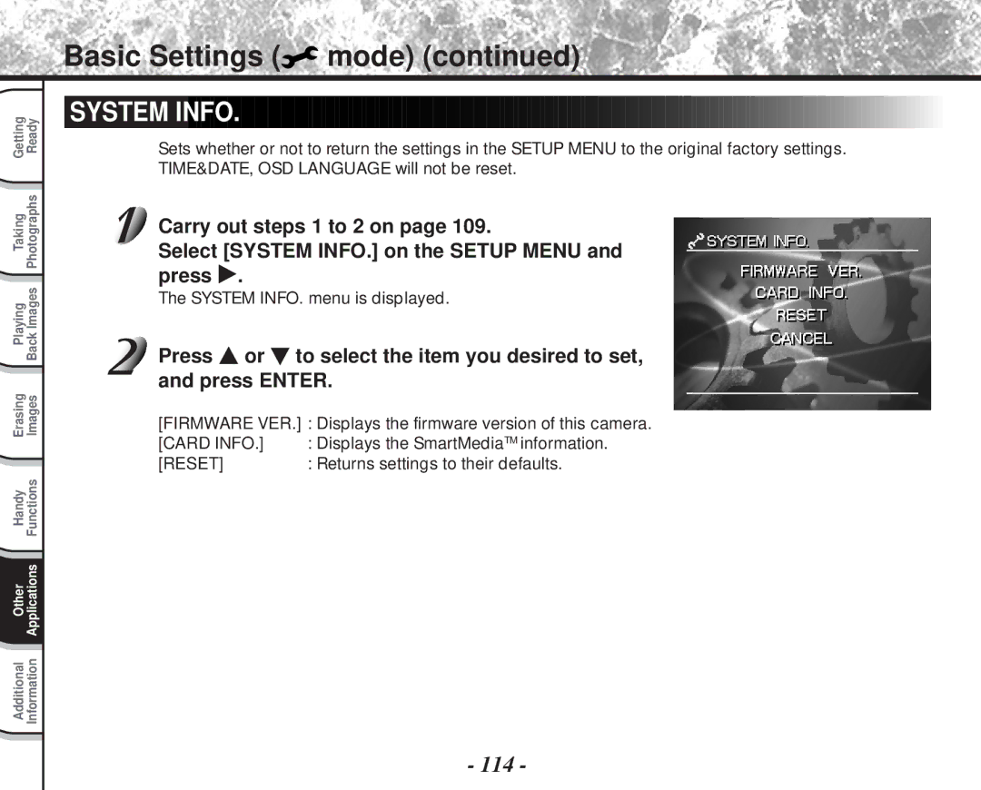 Toshiba PDR-M81 114, System INFO. menu is displayed, Firmware VER. Displays the firmware version of this camera 