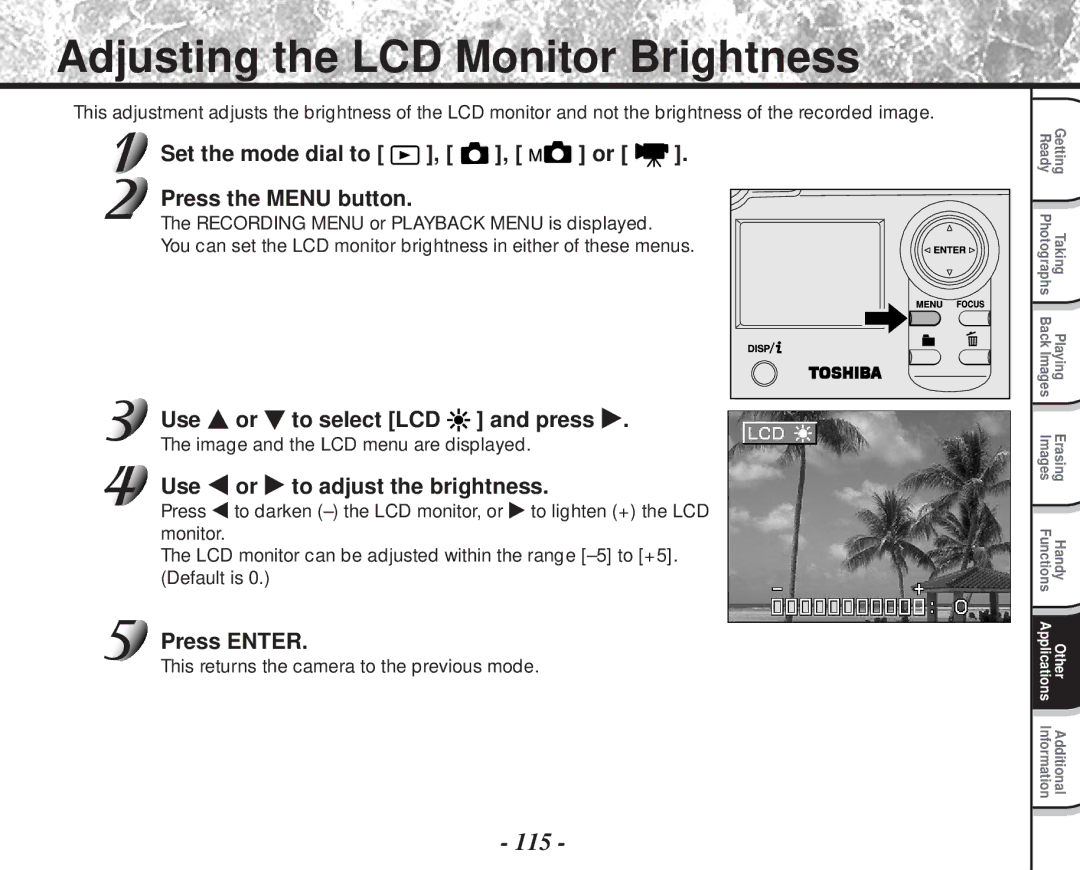 Toshiba PDR-M81 Adjusting the LCD Monitor Brightness, 115, Use To select LCD Press, Use To adjust the brightness 