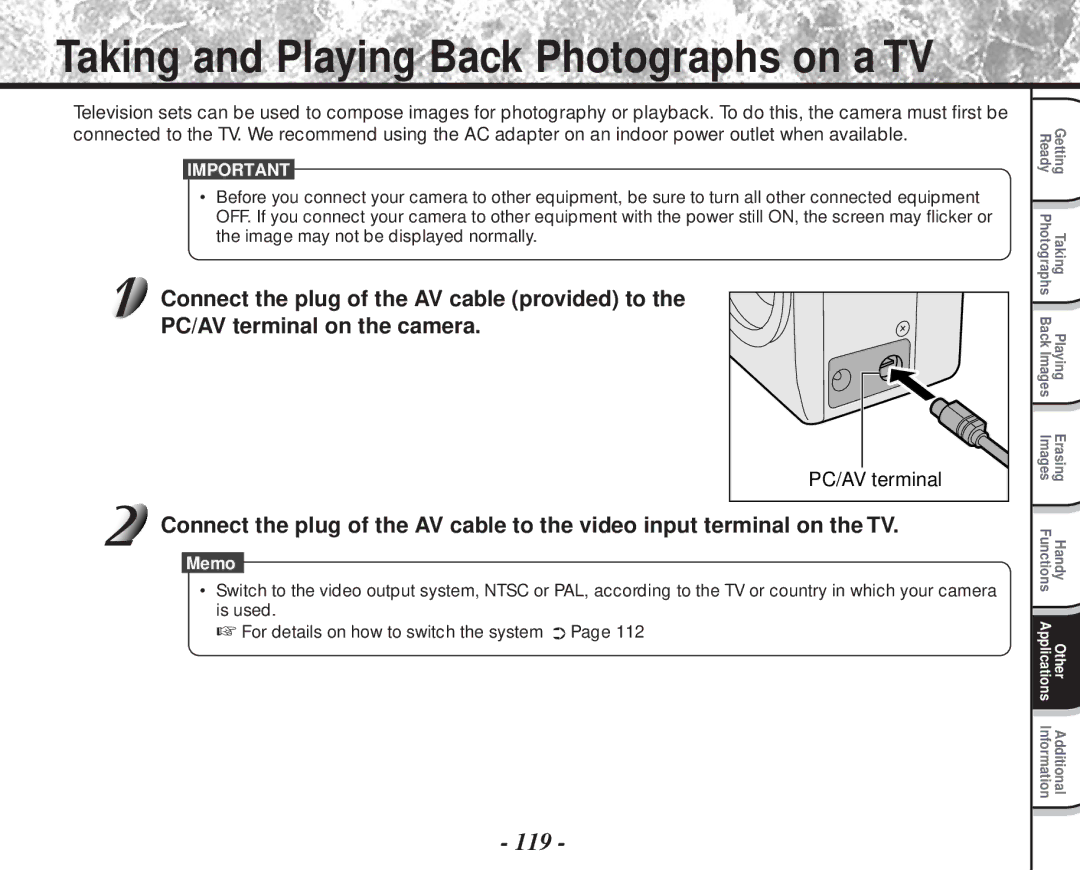 Toshiba PDR-M81 instruction manual Taking and Playing Back Photographs on a TV, 119 