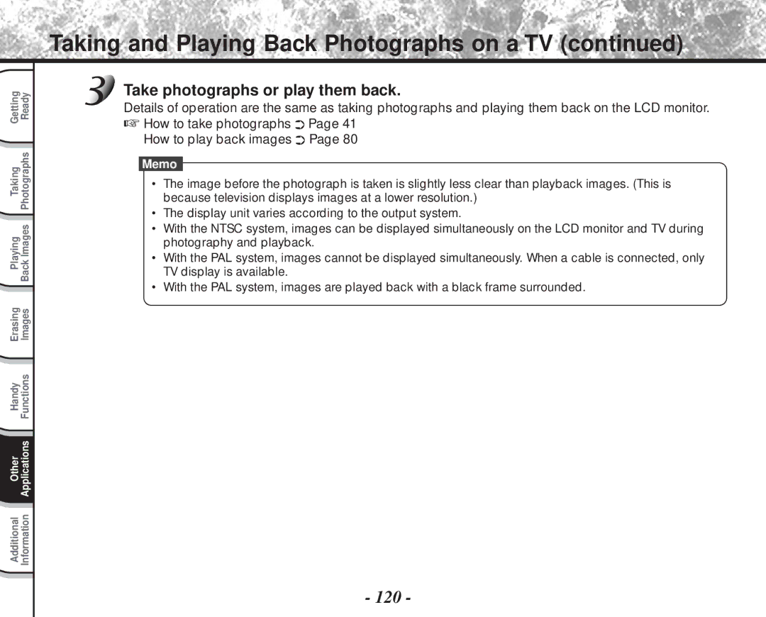 Toshiba PDR-M81 instruction manual Taking and Playing Back Photographs on a TV, 120, Take photographs or play them back 