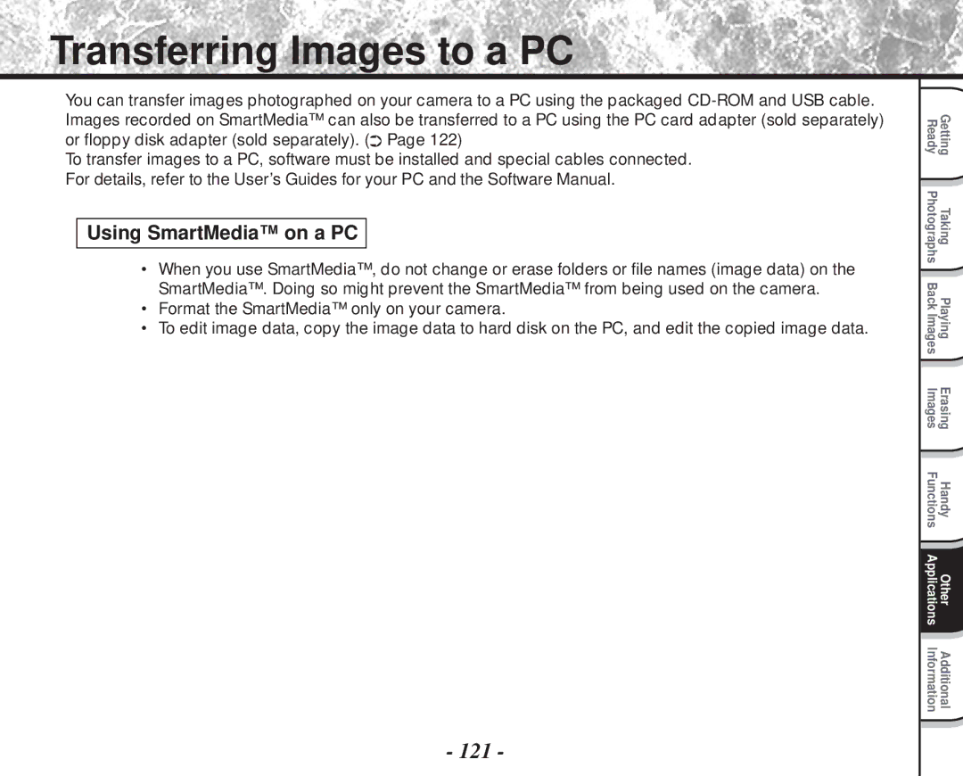 Toshiba PDR-M81 instruction manual Transferring Images to a PC, 121, Using SmartMedia on a PC 