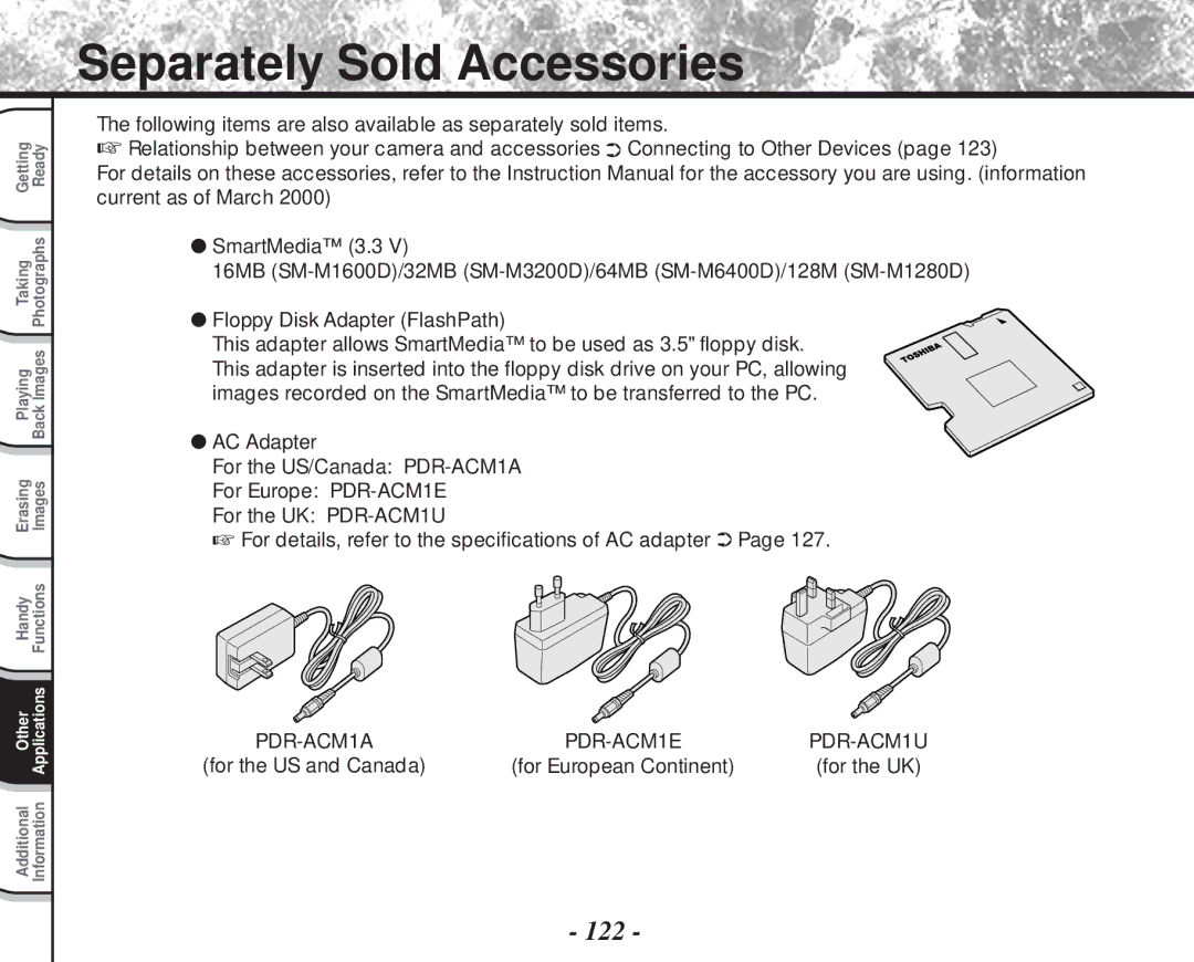 Toshiba PDR-M81 instruction manual Separately Sold Accessories, 122 