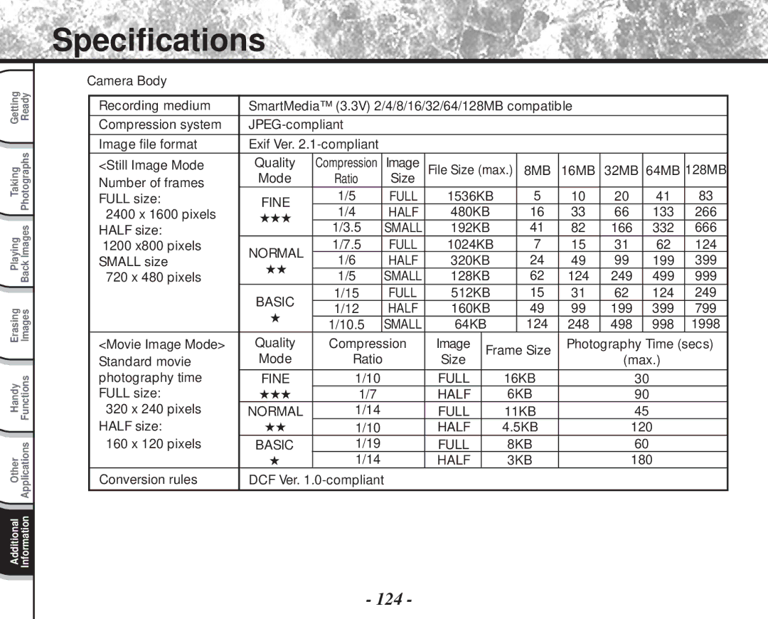 Toshiba PDR-M81 instruction manual Specifications, 124 