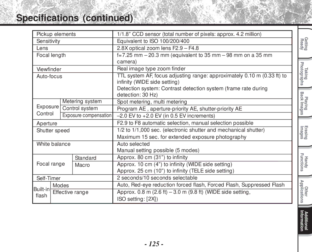 Toshiba PDR-M81 instruction manual Specifications, 125 