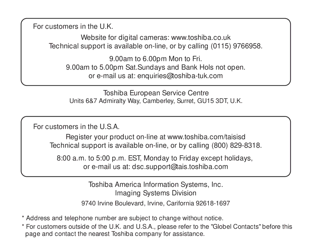 Toshiba PDR-M81 instruction manual Units 6&7 Admiralty Way, Camberley, Surret, GU15 3DT, U.K 