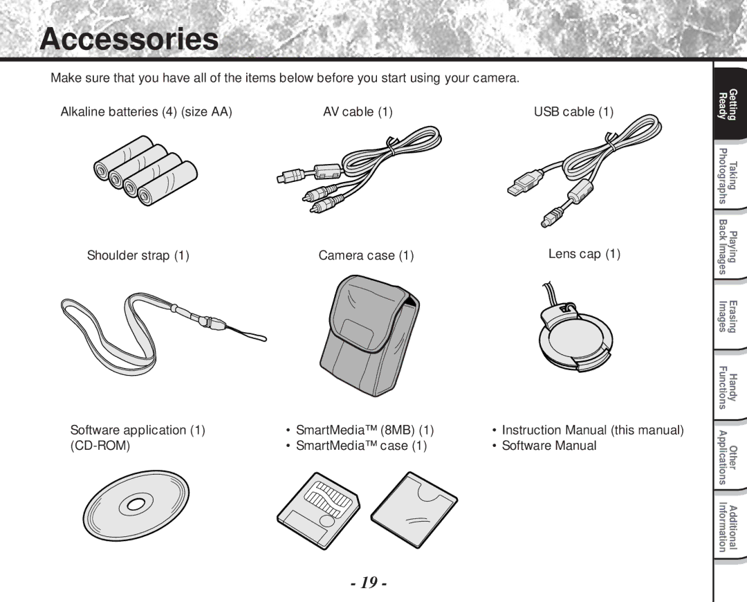 Toshiba PDR-M81 instruction manual Accessories, Shoulder strap Camera case, Software application SmartMedia 8MB 