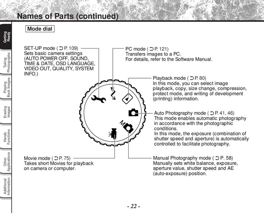 Toshiba PDR-M81 instruction manual Mode dial, SET-UP mode P Sets basic camera settings 