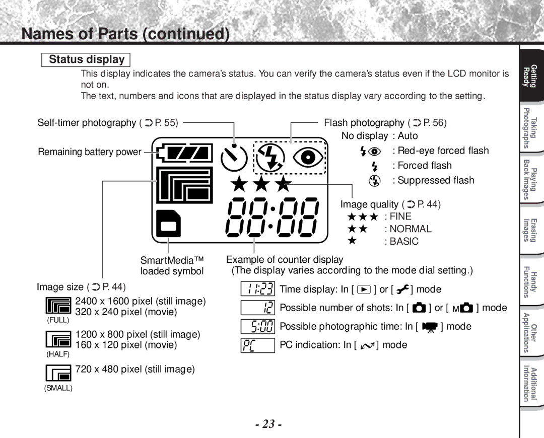 Toshiba PDR-M81 instruction manual Status display, No display Auto, 1200 x 800 pixel still image 160 x 120 pixel movie 