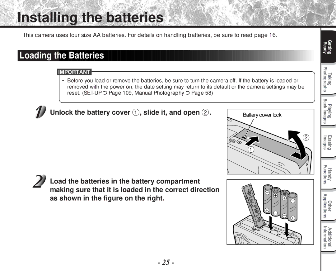 Toshiba PDR-M81 instruction manual Installing the batteries, Loading Batteries 