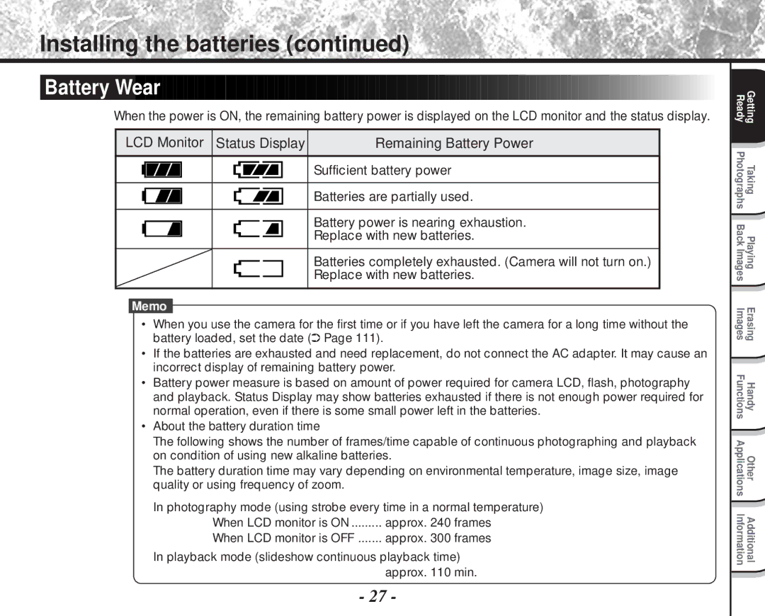 Toshiba PDR-M81 instruction manual Battery Wear, LCD Monitor Status Display Remaining Battery Power 