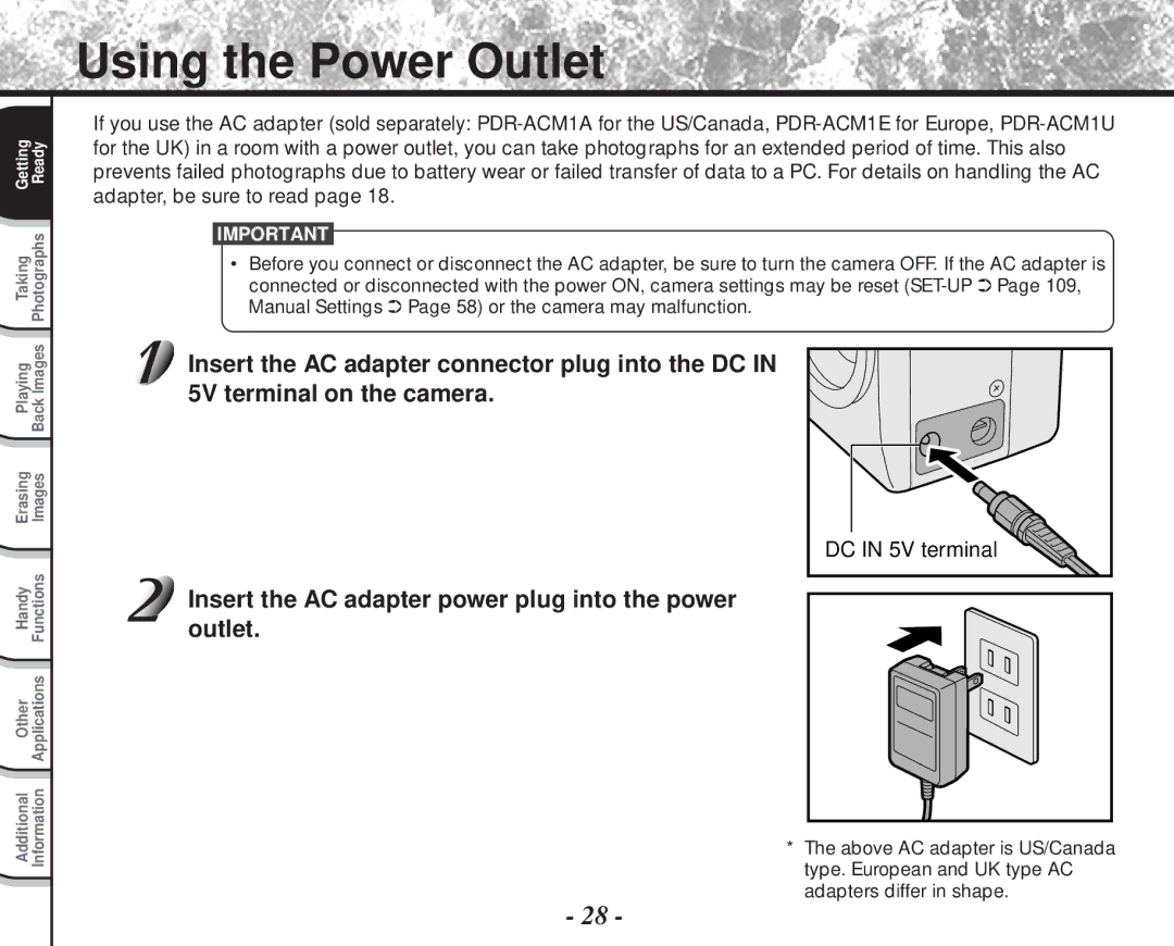 Toshiba PDR-M81 instruction manual Using the Power Outlet, DC in 5V terminal 