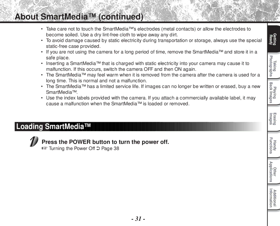 Toshiba PDR-M81 About SmartMedia, Loading SmartMedia, Press the Power button to turn the power off, Turning the Power Off 