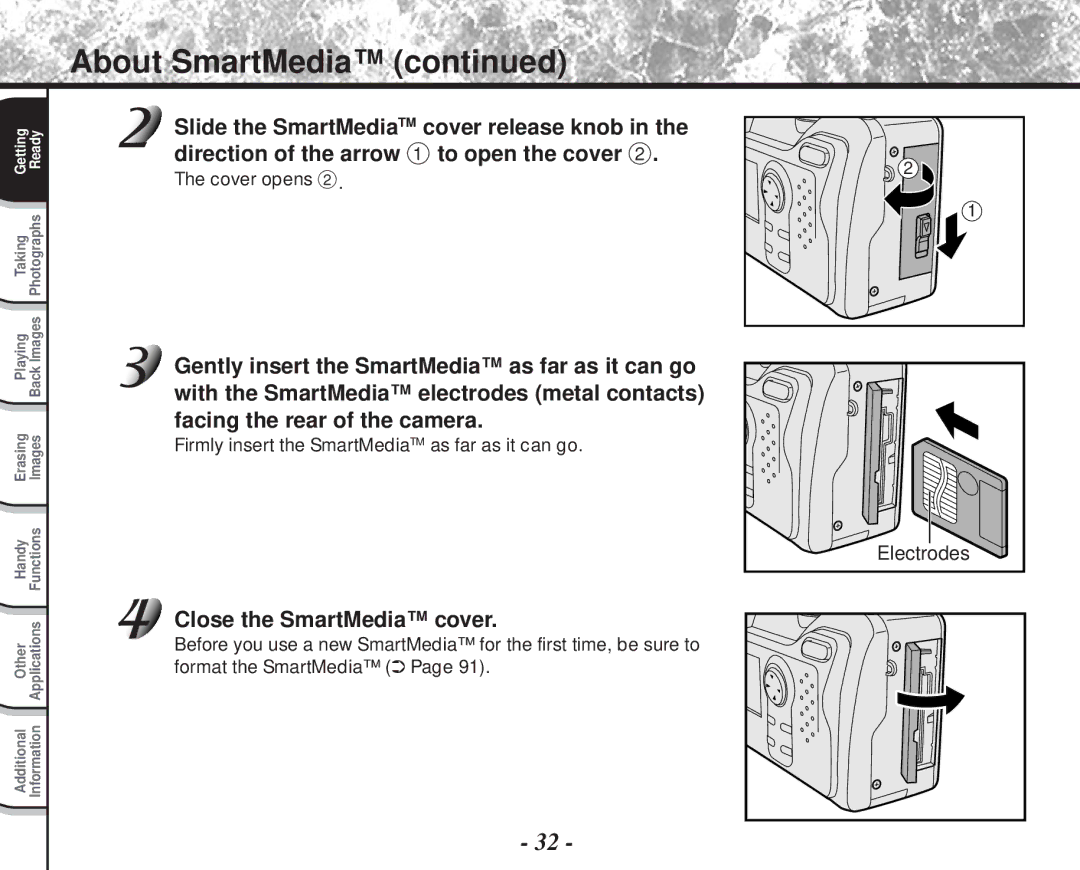 Toshiba PDR-M81 Close the SmartMedia cover, Electrodes, Cover opens, Firmly insert the SmartMediaTM as far as it can go 