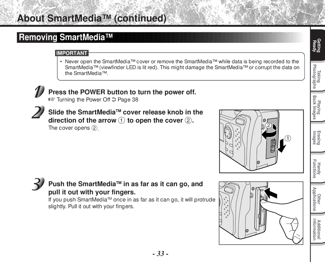 Toshiba PDR-M81 instruction manual Removing SmartMedia 