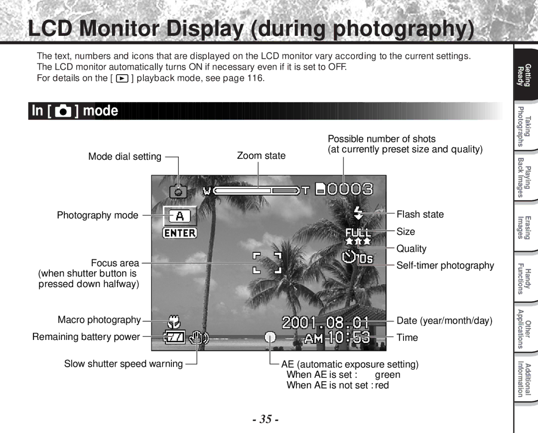 Toshiba PDR-M81 instruction manual LCD Monitor Display during photography, Mode dial setting Photography mode 