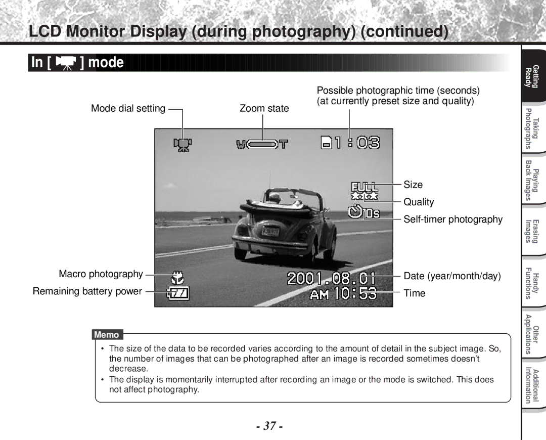 Toshiba PDR-M81 Mode dial setting, Zoom state Size Quality Self-timer photography, Remaining battery power Time 