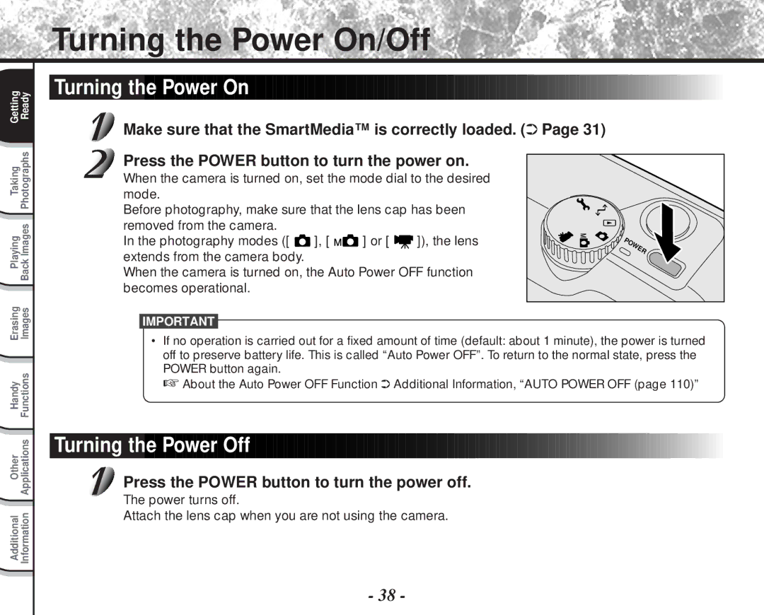 Toshiba PDR-M81 instruction manual Turning the Power On/Off, Turning the Power Off 