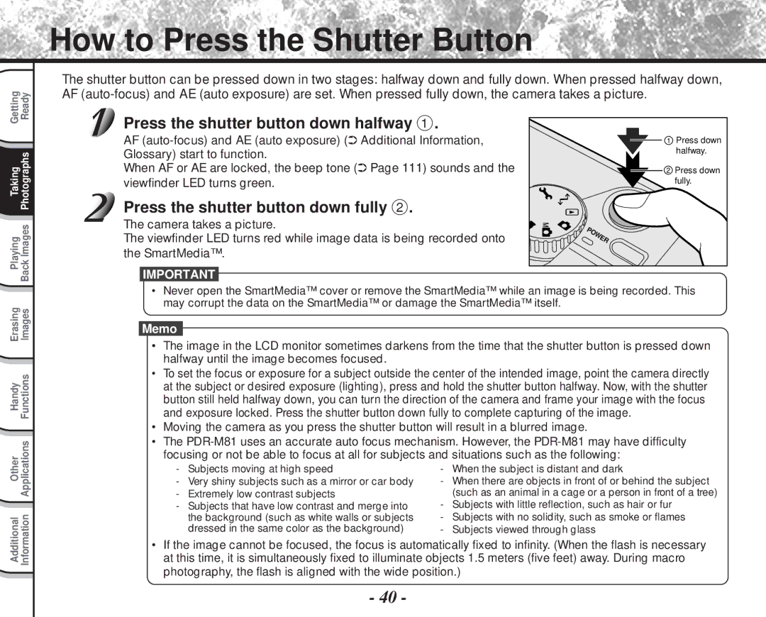 Toshiba PDR-M81 instruction manual How to Press the Shutter Button, Press the shutter button down halfway 