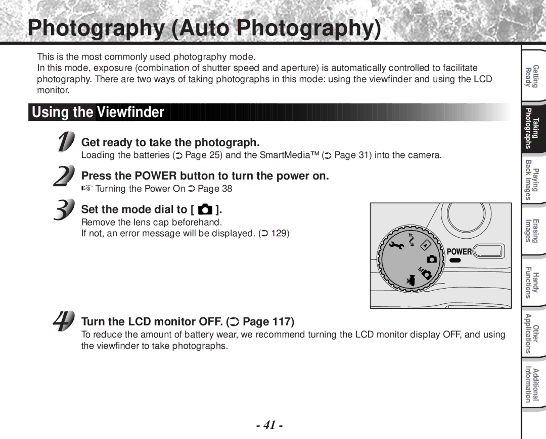 Toshiba PDR-M81 Photography Auto Photography, Get ready to take the photograph, Set the mode dial to, Turning the Power On 