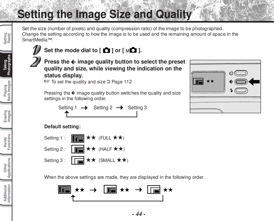 Toshiba PDR-M81 instruction manual Setting the Image Size and Quality, Setting 1 Setting 2 Setting 