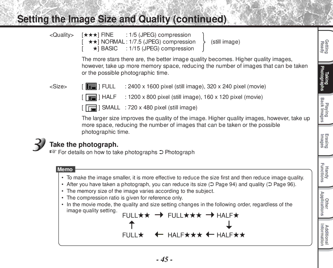 Toshiba PDR-M81 instruction manual Setting the Image Size and Quality, Take the photograph, 720 x 480 pixel still image 