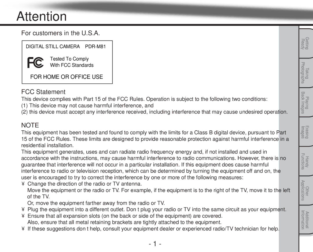 Toshiba PDR-M81 instruction manual For customers in the U.S.A, FCC Statement 