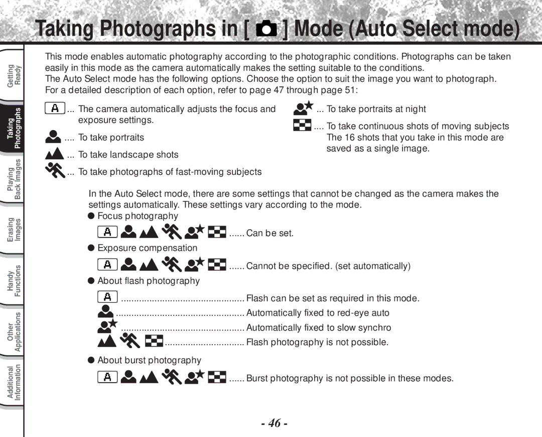 Toshiba PDR-M81 instruction manual Taking Photographs in Mode Auto Select mode 