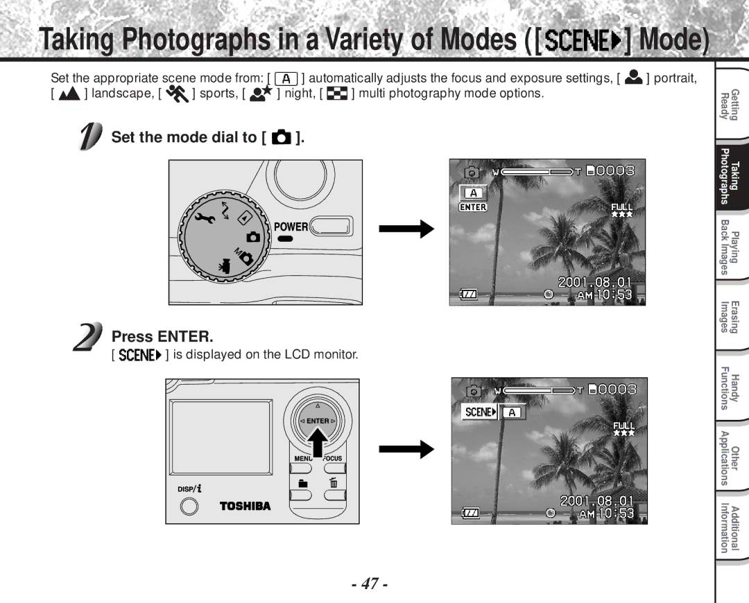 Toshiba PDR-M81 Set the mode dial to Press Enter, Landscape, sports, night, multi photography mode options 