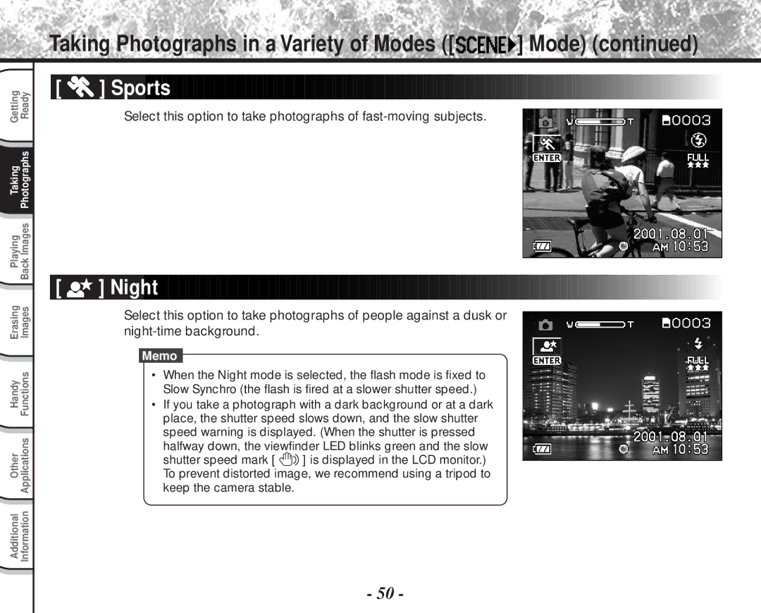 Toshiba PDR-M81 instruction manual Sports, Night 