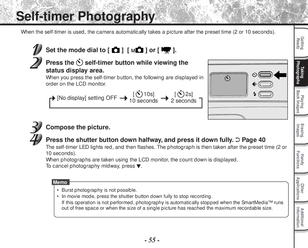 Toshiba PDR-M81 Self-timer Photography, Press Self-timer button while viewing, Status display area, Compose the picture 