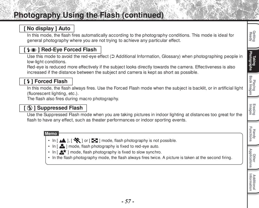 Toshiba PDR-M81 instruction manual Photography Using the Flash, No display Auto, Red-Eye Forced Flash, Suppressed Flash 