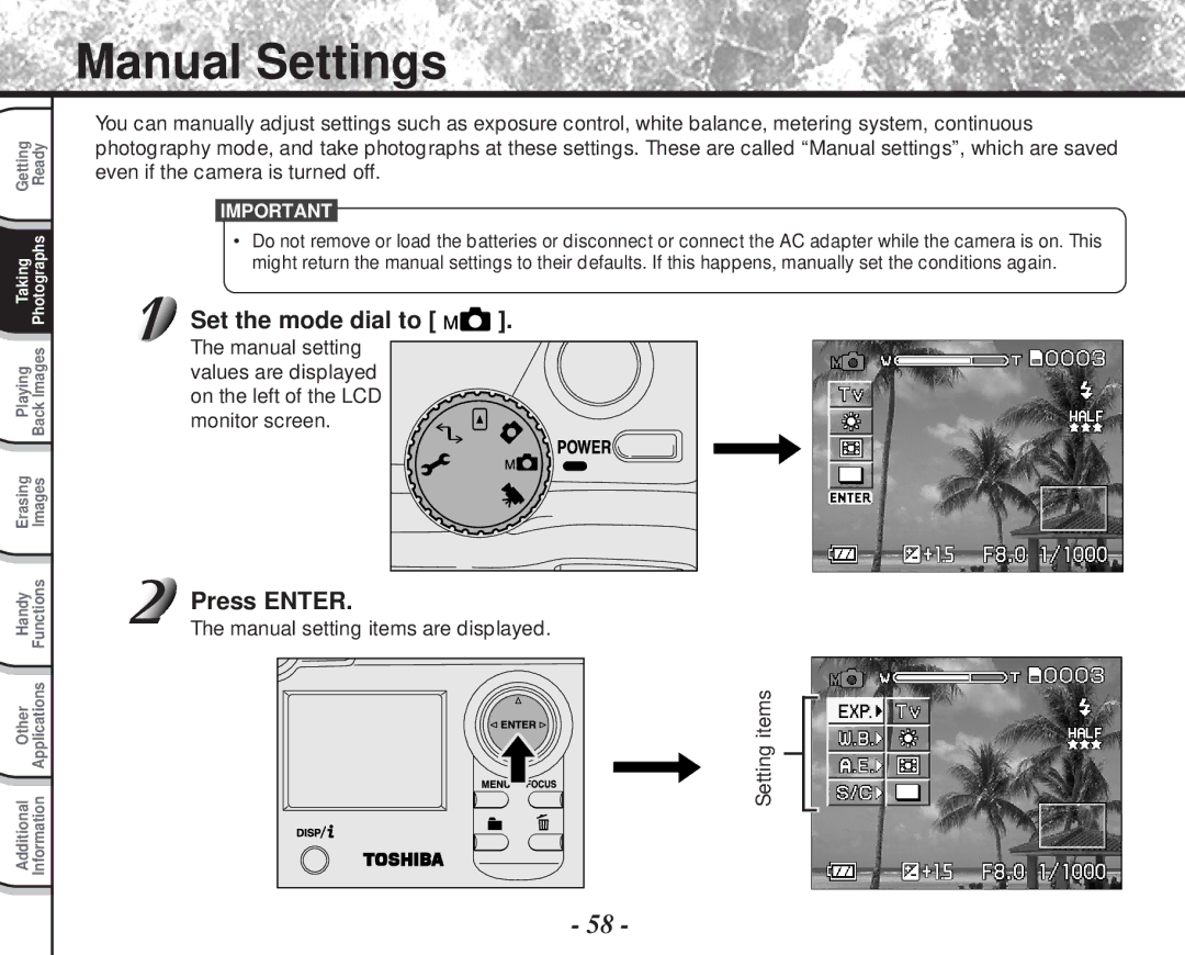 Toshiba PDR-M81 instruction manual Manual Settings, Manual setting items are displayed ItemsSetting 