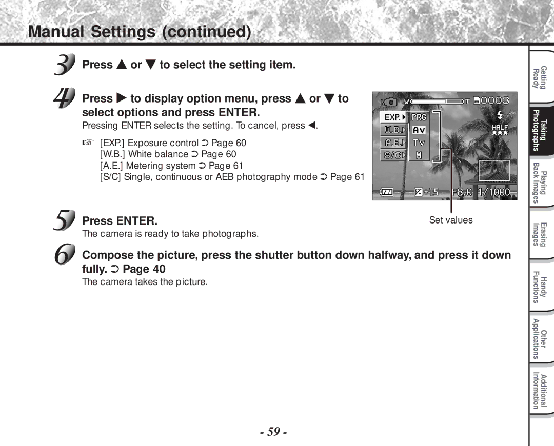 Toshiba PDR-M81 instruction manual Manual Settings, Single, continuous or AEB photography mode 