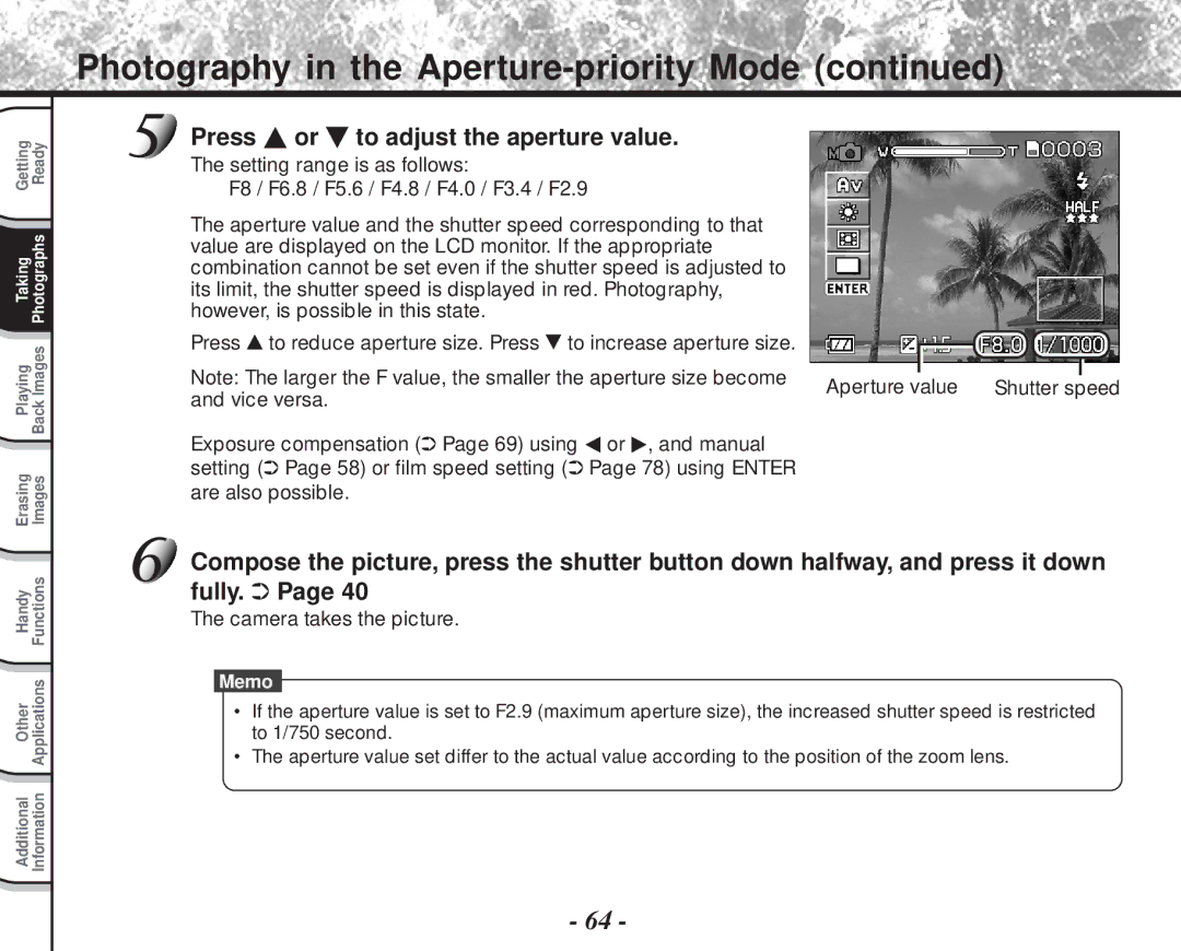 Toshiba PDR-M81 instruction manual Photography in the Aperture-priority Mode, Press To adjust the aperture value 